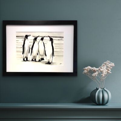 Plane Spotting Pinguine Fine Art Print – Wall Decor – Hand Drawn – Mounted Giclée Print