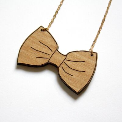 Wooden bow tie necklace, golden chain
