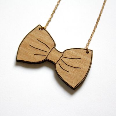 Collier noeud papillon en bois, chaîne dorée