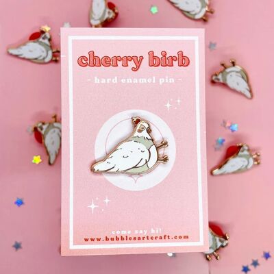 Spilla Cherry Birb | Spilla con smalto duro | Oro rosa | Spilla smaltata piccione | Distintivo per uccellini | Pin carino | Spilla mini smaltata