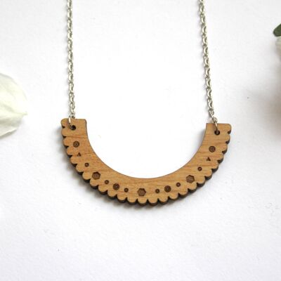 Wooden geometric lace necklace, silver chain