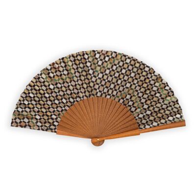 Abanico Estampado Geométrico Alhambra de Granada - Madera y Seda Natural - (46 cm)