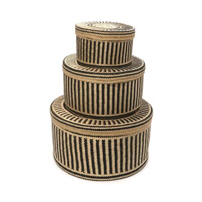 Woven Natural Straw Black Baskets Set of 3