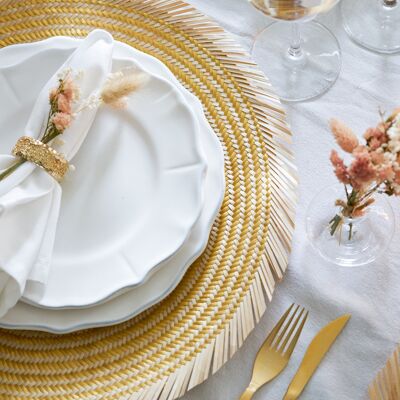 Woven Natural Straw Gold Circular Placemats with Trimming