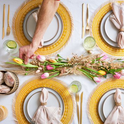 Woven Natural Straw Yellow Round Placemats with Trimmings