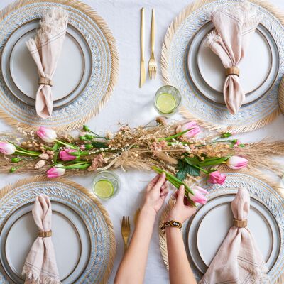 Woven Natural Straw Blue Round Placemats