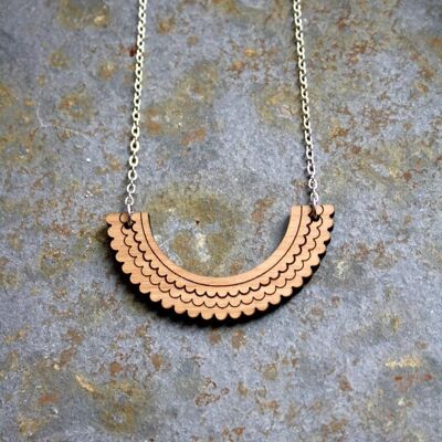Engraved wood necklace, graphic "cloud" lace bib, silver chain