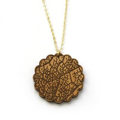 Wood necklace with tree leaf pendant, rib pattern, golden chain