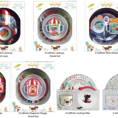 Pack of 21 baby tableware sets in a gift box. machine washable melamine, plate, bowl, mug, cutlery (+ 25 free gift bags)