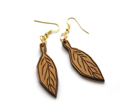 Boucles d’oreilles feuille d’arbre en bois, attaches dorée