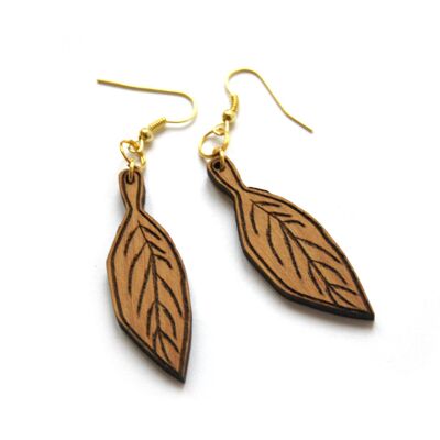 Boucles d’oreilles feuille d’arbre en bois, attaches dorée