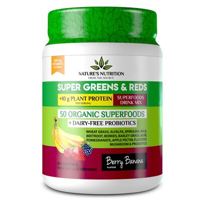 Supergreens & Reds Proteinpulver 50 Bio-Vegan-Mischung Beere Banane 500 g