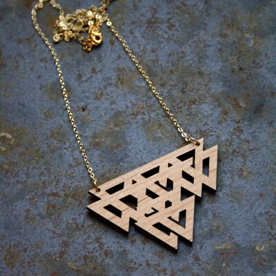 Revisited Celtic-inspired long necklace, interlaced openwork wooden triangles, golden chain