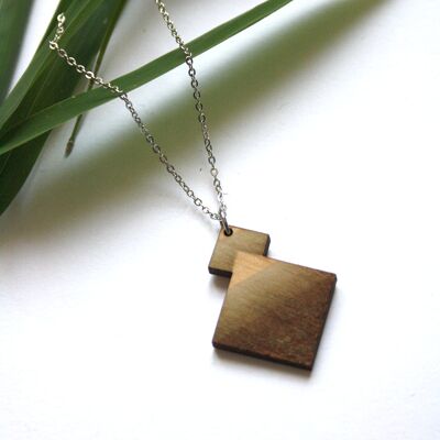 Necklace with cubic wooden pendant, degraded brown color, silver chain