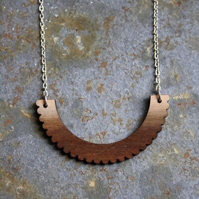 Wood necklace, circular arc, brown gradient, silver chain