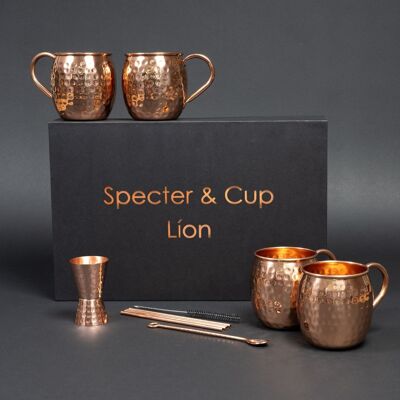 Kupferbecher-Set Líon – 4x Moscow Mule Becher (500 ml) + 6-teiliges Zubehör-Set