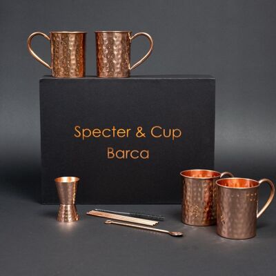 Juego de tazas de cobre Barca - 4x copas de cóctel (martilladas, 400 ml) + juego de accesorios de 6 piezas