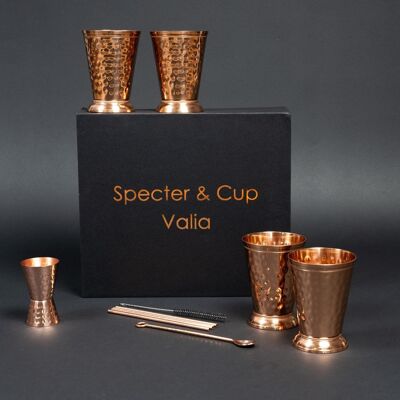 Juego de tazas de cobre Valia - 4 tazas de cóctel (martilladas, estilo romano en relieve, 300 ml) + juego de accesorios de 6 piezas