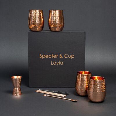 Layla copper cup set - 4x cocktail cups (hammered, 470 ml) + 6-piece accessory set
