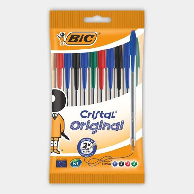 Pouch de 10 stylos à bille BIC Cristal Original (bleu, noir, vert, rouge)