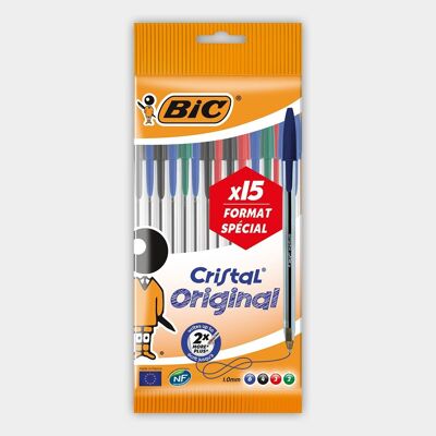 Pouch de 15 stylos à bille BIC Cristal Original (bleu, noir, vert, rouge)
