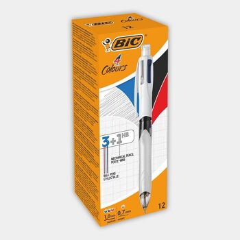 Boite de 12 stylos BIC 4 Couleurs multifonction Grip Pro argent