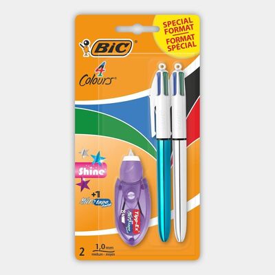 Blíster de 2 bolígrafos Shine 4 Colors + 1 cinta correctora Tipp-Ex