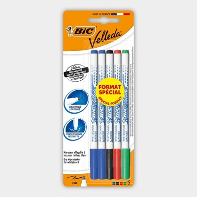 Blister pack of 5 fine erasable markers BIC Velleda 1721 (blue, black, red, green)