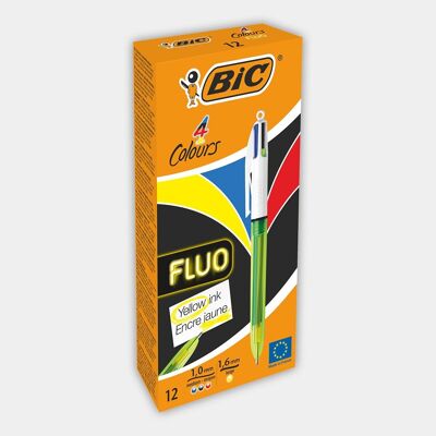 Schachtel mit 12 BIC 4 Colors Fluo-Kugelschreibern mit gelber Tinte