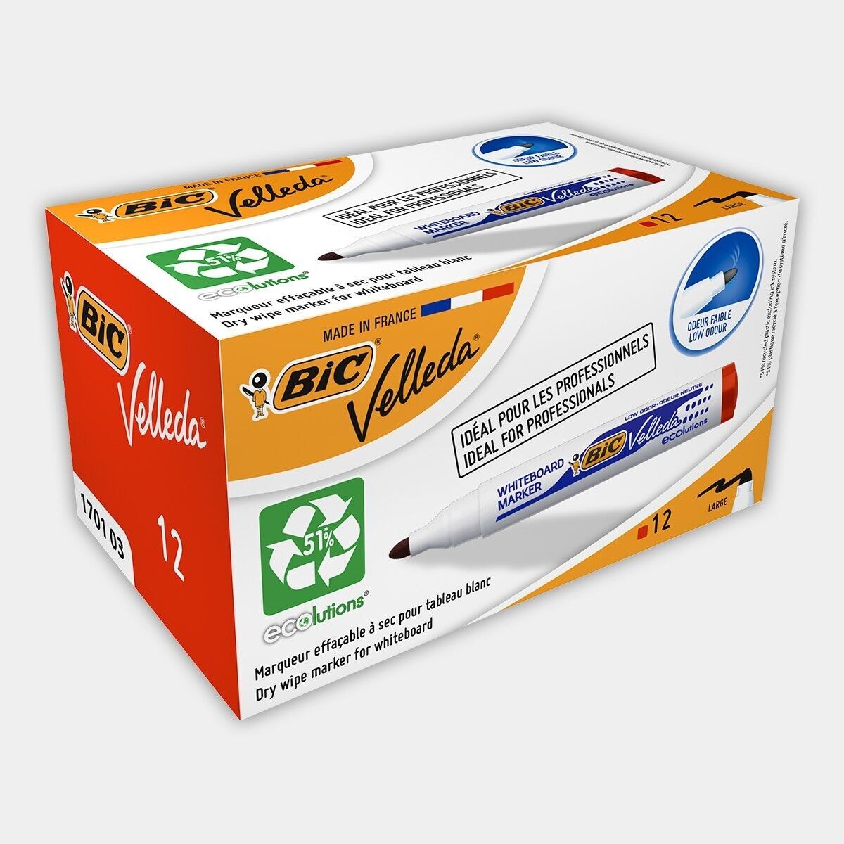 Scatola da 12 pennarelli grandi cancellabili a secco BIC Velleda 1701 ECOlutions (rosso)