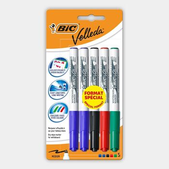 Blister de 5 marqueurs effaçables à sec BIC Velleda 1741 (bleu, noir, vert, rouge)