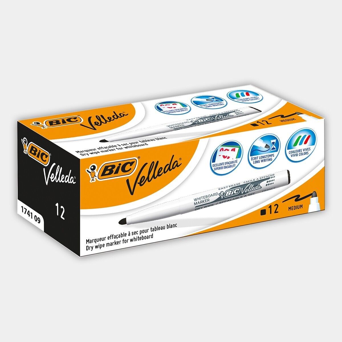 Scatola da 12 pennarelli cancellabili medi BIC Velleda 1741 (nero)