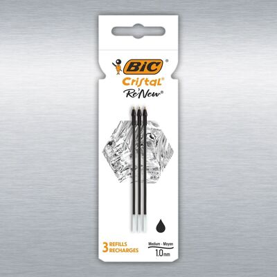 Packung mit 3 Ersatzminen für BIC Cristal Re'New Kugelschreiber (schwarz)