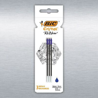 Pack de 3 recharges pour stylo-bille BIC Cristal Re'New (bleu)