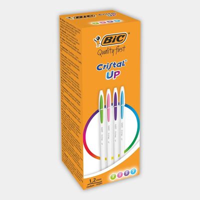 Box mit 20 verschiedenen BIC Cristal Up Kugelschreibern (hellblau, apfelgrün, rosa, lila)