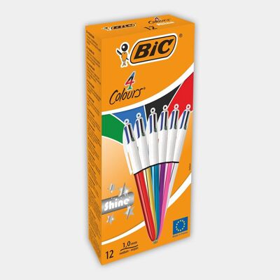 Box mit 12 BIC 4 Color Shine Kugelschreibern sortiert