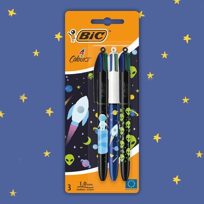 Blisterpackung mit 3 BIC 4 Color Kugelschreibern mit Space-Motiven