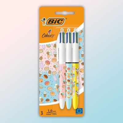 Blisterpackung mit 3 BIC 4 Color Kugelschreibern mit niedlichen Food-Motiven