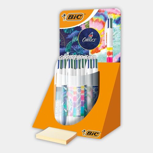 Présentoir de 30 stylos-bille BIC 4 Couleurs décors Tropical et Tie Dye
