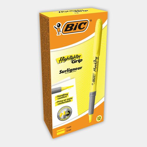 Boite de 12 surligneurs fluo BIC Highlighter Grip (jaune)