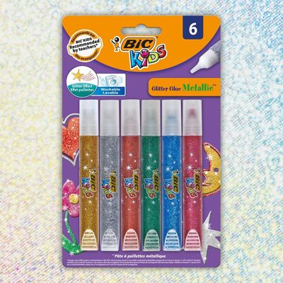 Blister pack of 6 tubes of BIC Kids glitter glue in assorted colors