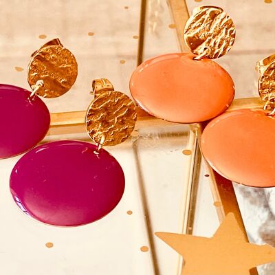 Pendientes luna de disco esmaltado, pendiente martillado en acero inoxidable dorado, joyería de mujer original y colorida
