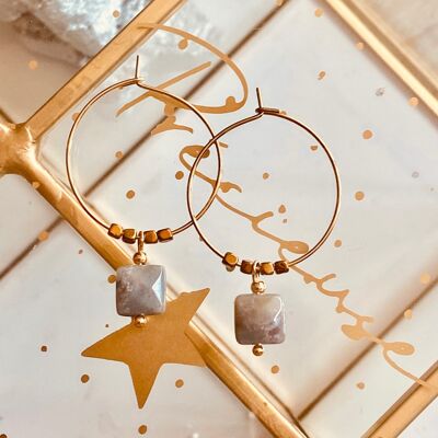 Romy hoop earrings with square Indian Agate pearl, steel and hematite, natural pearl women's jewelry gift