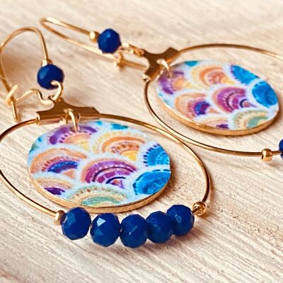 Pendientes de aro grandes en acero y papel washi japonés, con estampado de ondas o flores, joyería original para mujer