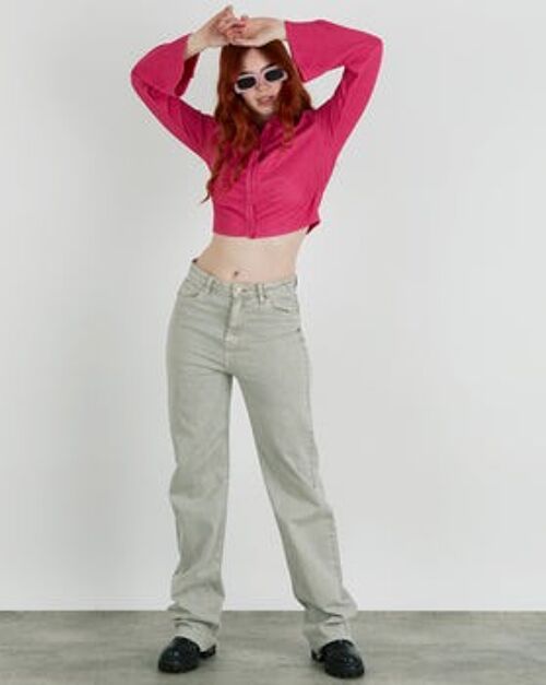 Button Me Up Fairy Y2K Long Sleeve Ruched Button Up Crop Top In Pink