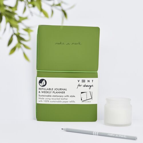 Weekly Planner / Journal Recycled Leather Refillable - Green