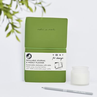 Wochenplaner/Tagebuch aus recyceltem Leder, nachfüllbar – Grün