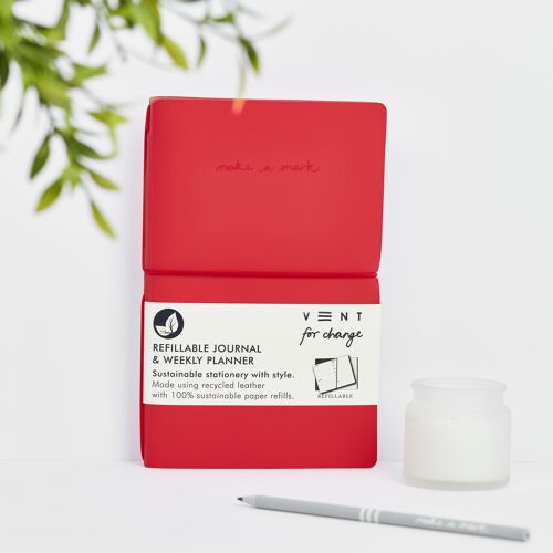 Weekly Planner / Journal  Recycled Leather Refillable - Red