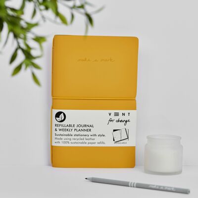 Weekly Planner / Journal Recycled Leather Refillable - Yellow