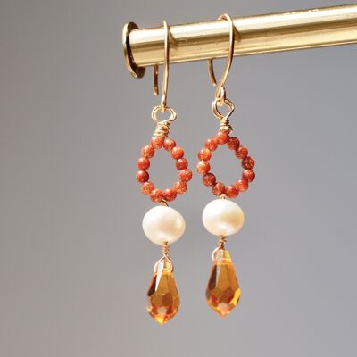 Sunstone, freshwater pearl, Swarovski crystal long earring